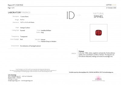 Certificate Spinel Intense red cushion cut 9.37 carats, Vietnam