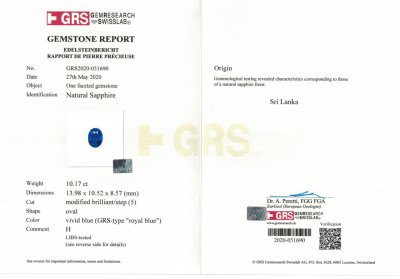 Certificate Royal Blue oval cut sapphire 10.17 ct, Sri Lanka, GRS