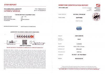 Certificate Unheated cushion cut sapphire 0.99 ct, Madagascar