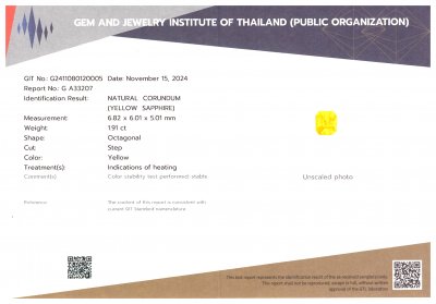 Certificate Golden yellow sapphire in octagon cut 1.91 carats, Sri Lanka 