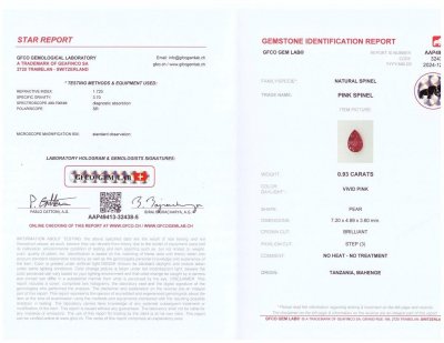 Certificate Vivid pink Mahenge spinel in pear cut 0.93 carats, Tanzania
