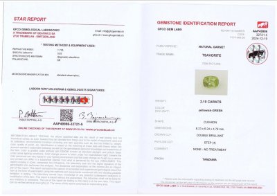 Certificate Green tsavorite garnet in cushion cut 2.10 carats, Tanzania