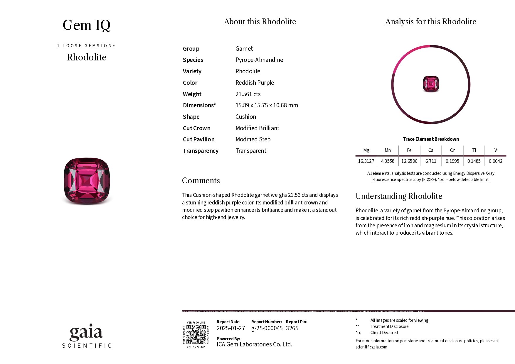 Garnet rhodolite cushion cut 21.56 carats, Tanzania Image №5