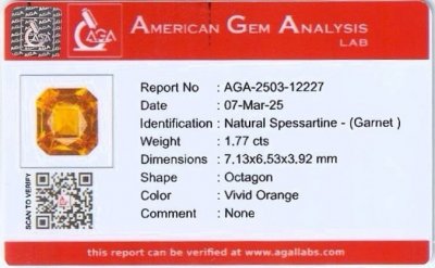 Certificate Garnet spessartine Fanta color octagon cut 1.77 carats, Africa