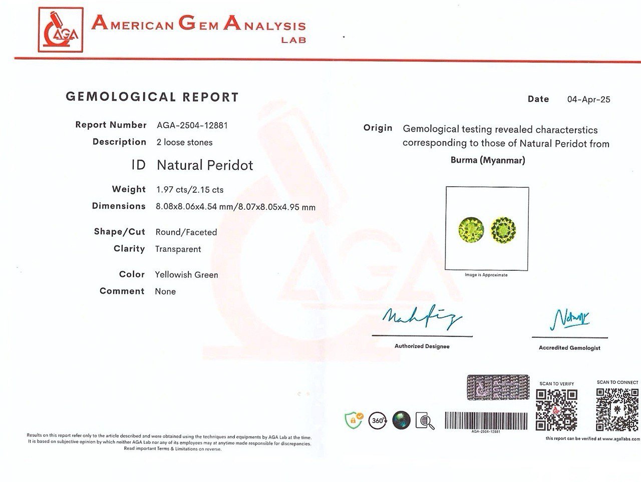 Peridot pair of round cut 4.12 carats, Burma Image №5