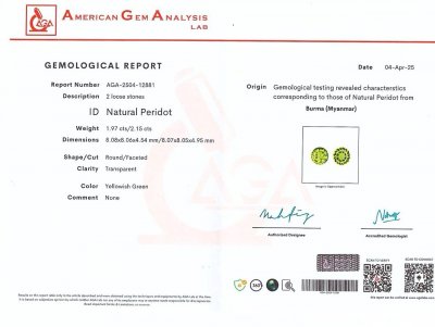 Certificate Peridot pair of round cut 4.12 carats, Burma