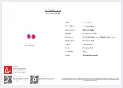 Certificate Pair of rubies  pear cut 1.11 carats, Burma