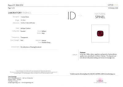 Certificate Spinel Intence red cushion cut 11.14 carats, Vietnam