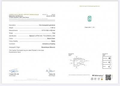 Certificate Paraiba Neon Green oval cut 1.16 carats, Mozambique
