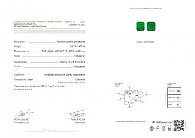 Certificate Pair of Colombian Muzo Green emeralds in octagon cut 2.97 ct