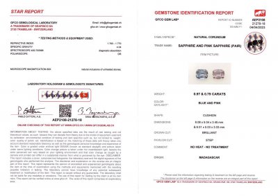 Certificate Contrasting pair of unheated lavender and blue sapphires 1.76 ct