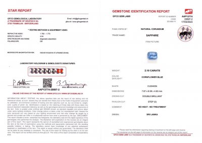Certificate Unheated blue sapphire from Sri Lanka cushion cut, 2.10 ct