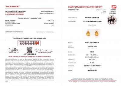 Certificate Pair of vivd yellow unheated sapphires 1.21 ct, Madagascar