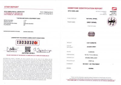 Certificate Ring with lavender spinel 3.41 ct and diamonds in 18K white gold