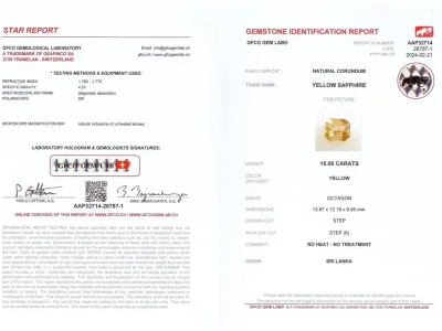 Certificate Large unheated golden yellow octagon cut sapphire 15.06 carats, Sri Lanka