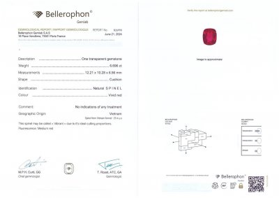 Certificate Unique Vietnamese vivid Vibrant red spinel in cushion cut 6.69 carats