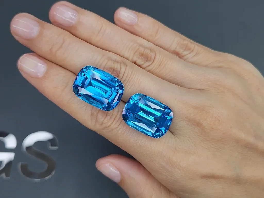 Pair of large Swiss Blue topazes in cushion cut 49.48 carats, Brazil  Image №2