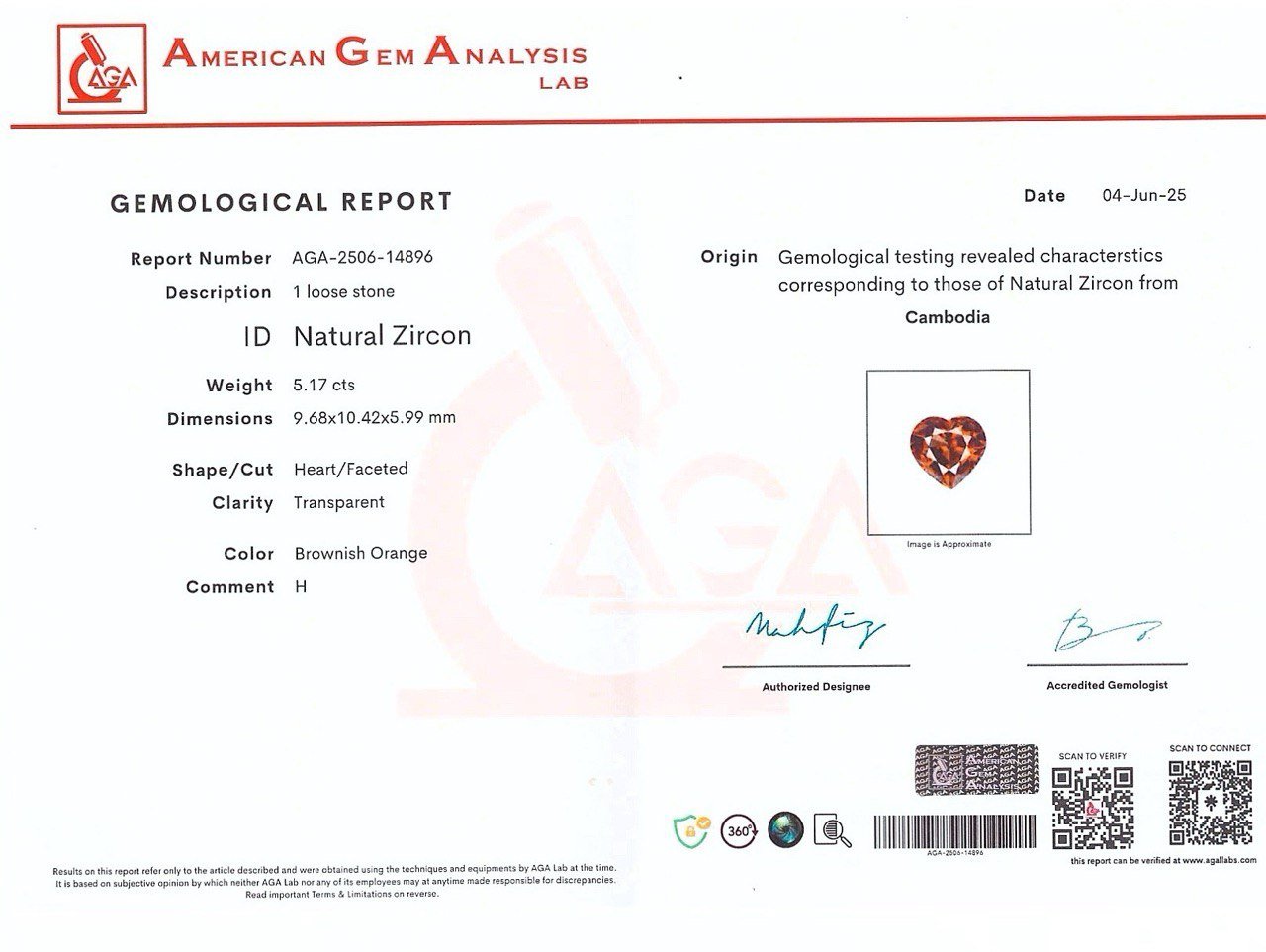 Orange zircon in heart shape 5.17 carats, Madagascar Image №6
