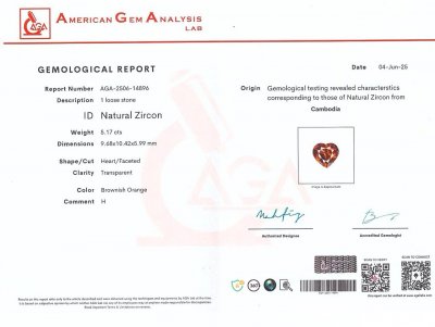 Certificate Orange zircon in heart shape 5.17 carats, Madagascar