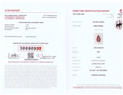 Certificate Pink Mahenge spinel in pear cut 1.06 carats, Tanzania