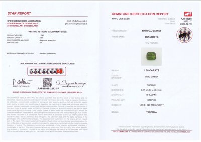 Certificate Vivid green tsavorite garnet in cushion cut 1.58 carats, Tanzania