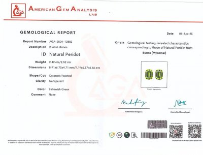 Certificate Pair of peridots octagon cut 4.94 carats, Burma