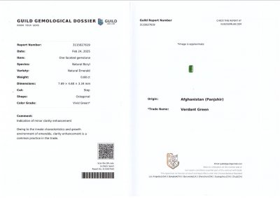 Certificate Vivid green emerald in octagon cut 0.88 carats, Panjshir