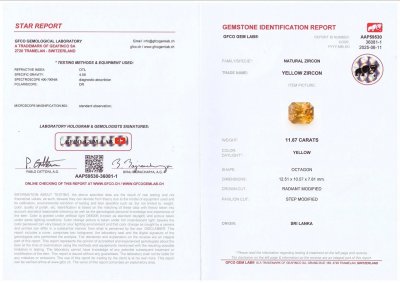 Certificate Yellow zircon in radiant cut 11.67 carats, Sri Lanka