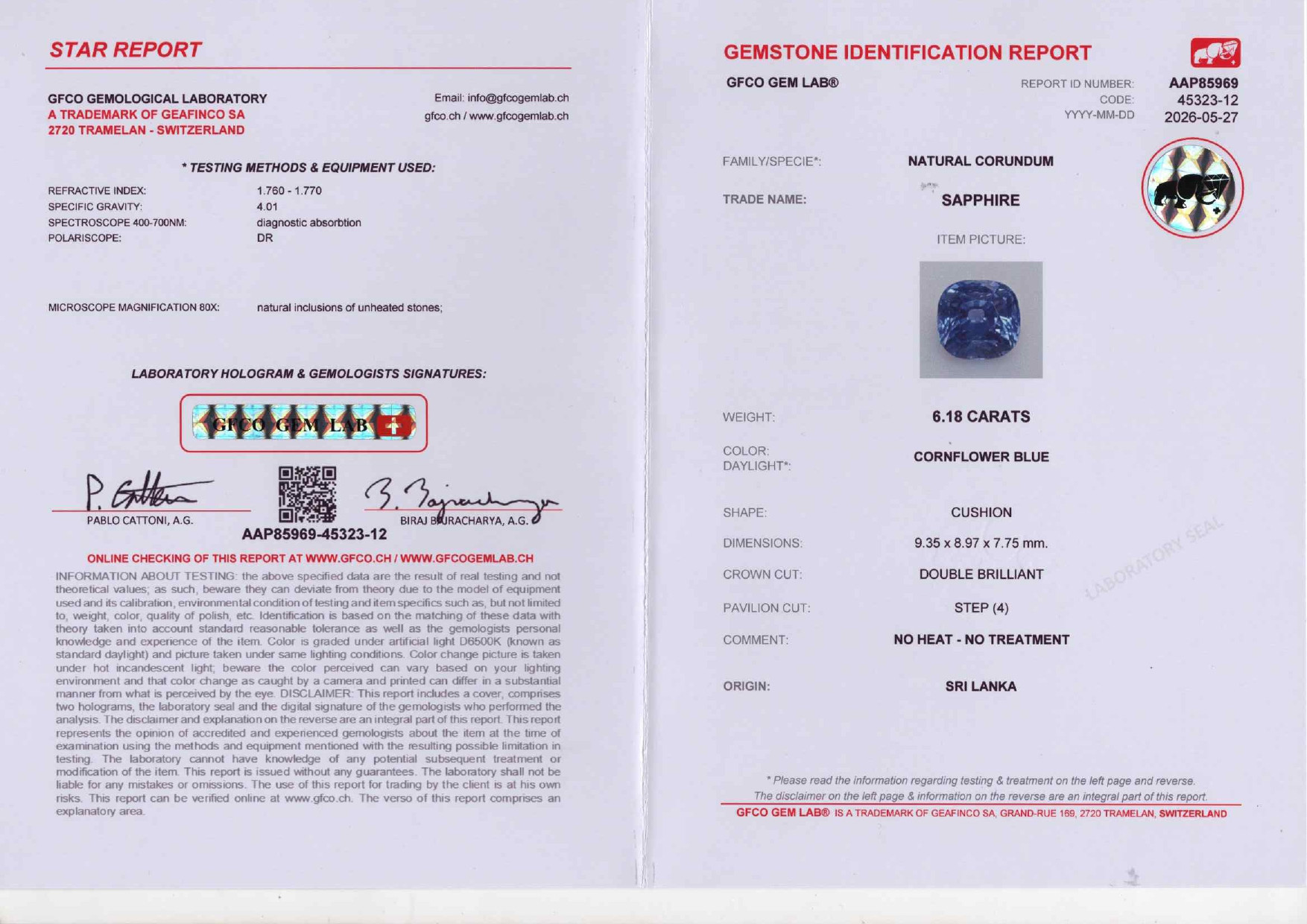 Unheated Cornflower Blue sapphire in cushion cut 6.18 carats, Sri Lanka Image №6