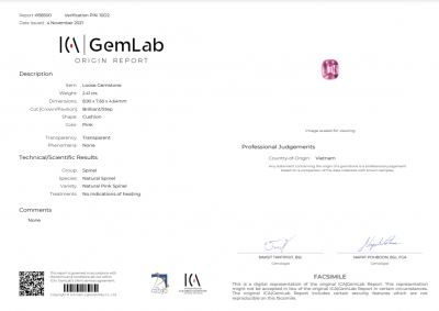 Certificate Intense pink spinel 2.41 ct, Vietnam