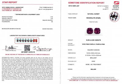 Certificate Pair of purple rhodolites in cushion cut 10.25 ct, Malawi