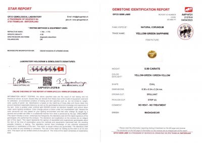 Certificate Unheated oval cut yellow sapphire 0.90 ct, Madagascar