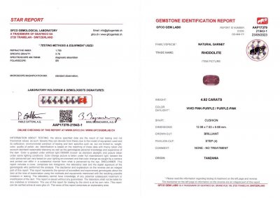 Certificate Purple garnet umbalite 4.92 ct in cushion cut from Tanzania 