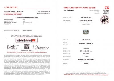 Certificate Cushion cut bluish gray spinel 2.35 ct, Burma