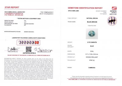 Certificate Natural blue zircon in oval cut 2.72 ct, Cambodia