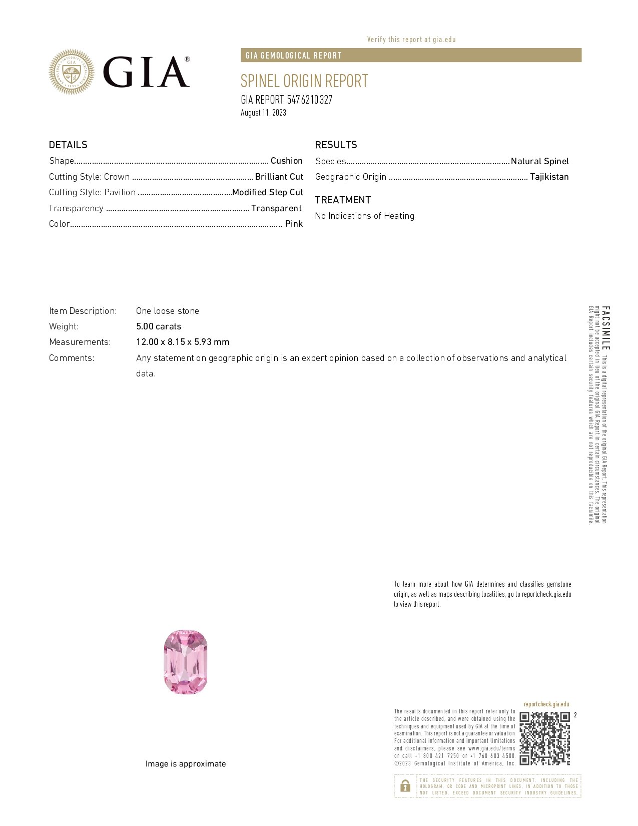 Cushion-cut pink spinel 5.00 carats, Tajikistan (Pamir)  Image №6