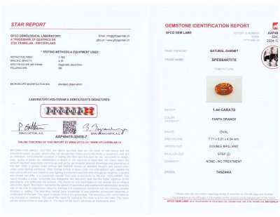 Certificate Fanta color spessartine garnet in oval cut 1.44 carats, Tanzania