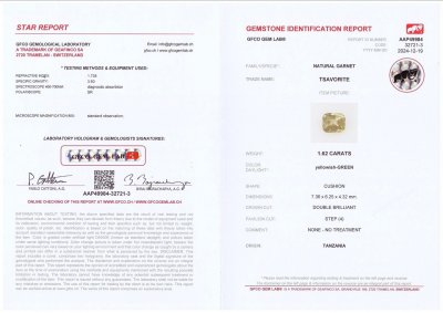 Certificate Yellowish-green grossular garnet in cushion cut 1.62 carats, Tanzania
