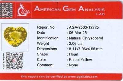 Certificate Yellow-green chrysoberyl heart shape 2.06 carats, Madagascar