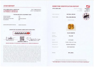 Certificate Yellow-brown zircon in radiant cut 12.24 carats, Sri Lanka