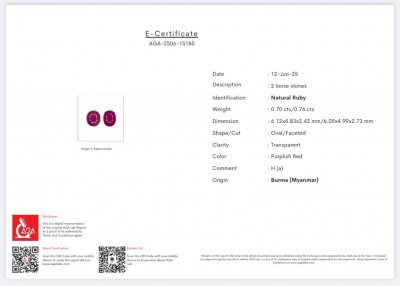 Certificate Pair of rubies oval cut 1.46 carats, Burma