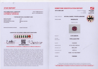Certificate Garnet rhodolite garnet cushion cut 5.76 carats, Tanzania