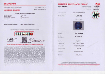 Certificate Royal Blue sapphire in cushion cut 4.02 carats, Sri Lanka
