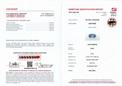 Certificate Ceylon cornflower blue sapphire 3.55 ct