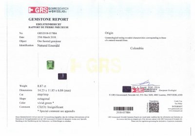 Certificate Unique Colombain emerald 8.87 ct, no oil, Muzo
