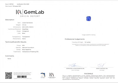 Certificate Bright sapphire 2.14 ct octagon cut, Sri Lanka