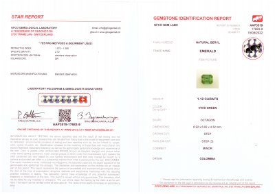 Certificate Vivid Green emerald 1.12 ct, Colombia