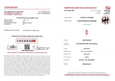 Certificate Unheated marquise shape Padparadscha sapphire 0.88 ct, Madagascar
