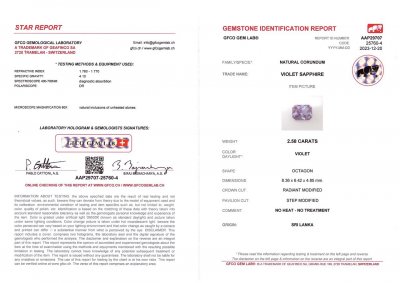 Certificate Unheated radiant cut lavender color sapphire 2.58 ct, Sri Lanka