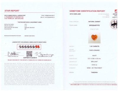 Certificate Heart shaped Fanta color spessartine garnet 1.41 carats, Tanzania